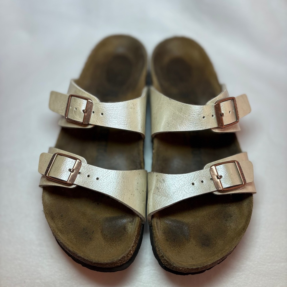 Birkenstock Arizona Metallic Pearl White Rose Gold Sandals Size 38 Narrow